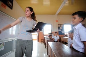 A Lehigh student leads an English teaching demonstration at a ESL conference hosted by CFC