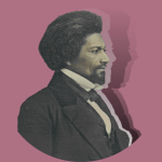 Profile image of Frederick Douglass's right side in sepia on a light burgundy background