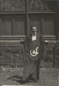 Man holding soviet flag