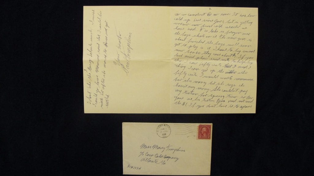 Mary Tompkins letter sent to Atlanta, Georgia.