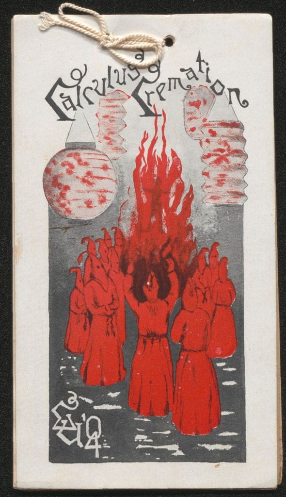Front cover of calculus cremation pamphlet featuring robed figures burning calculus in effigy