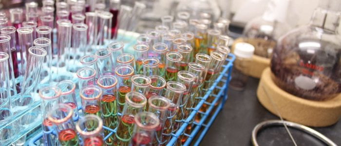 Test tube rack filled with test tubes containing column fractions from azo dye purification.